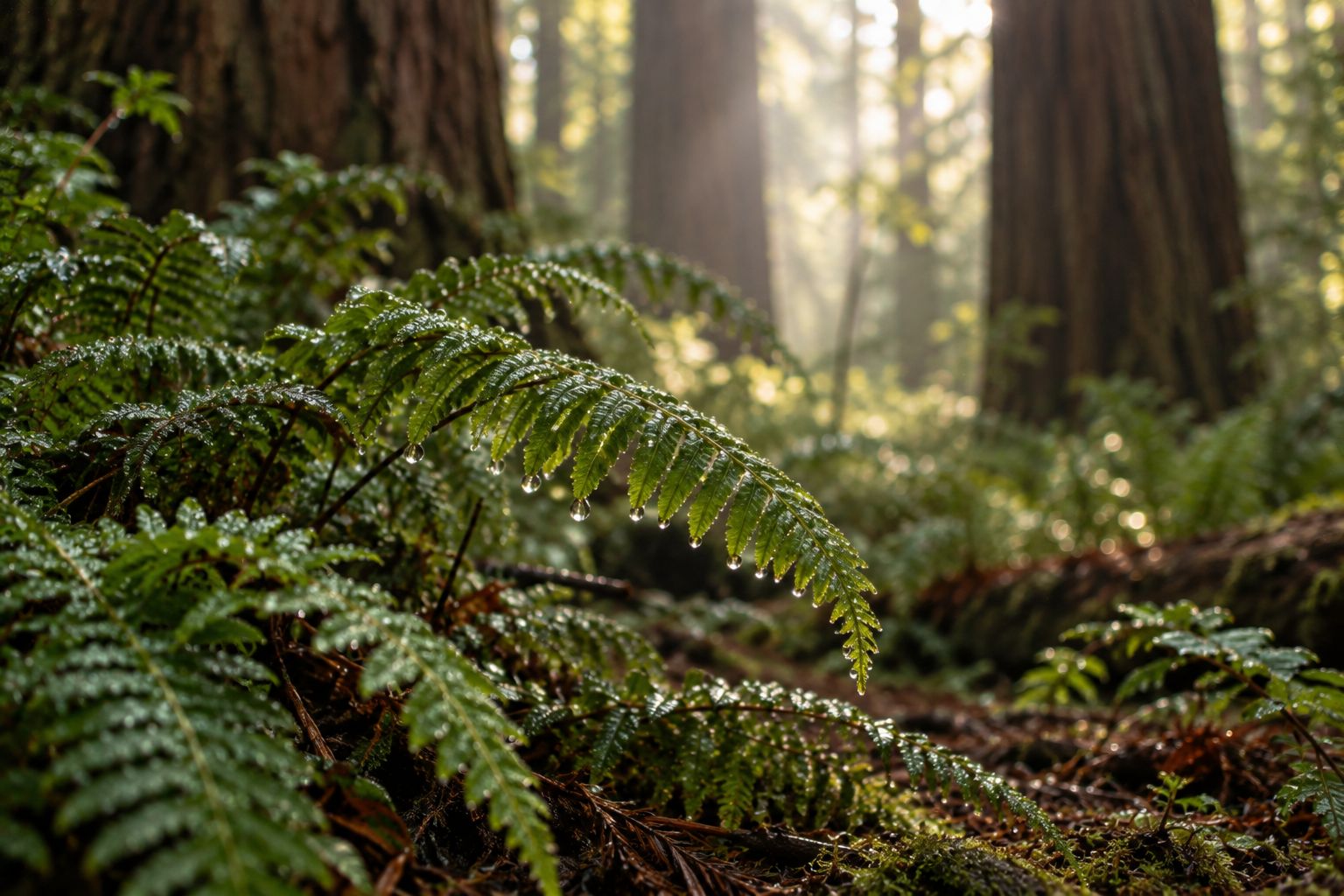 Ferns covered in morning dew on the floor of a redwood forest