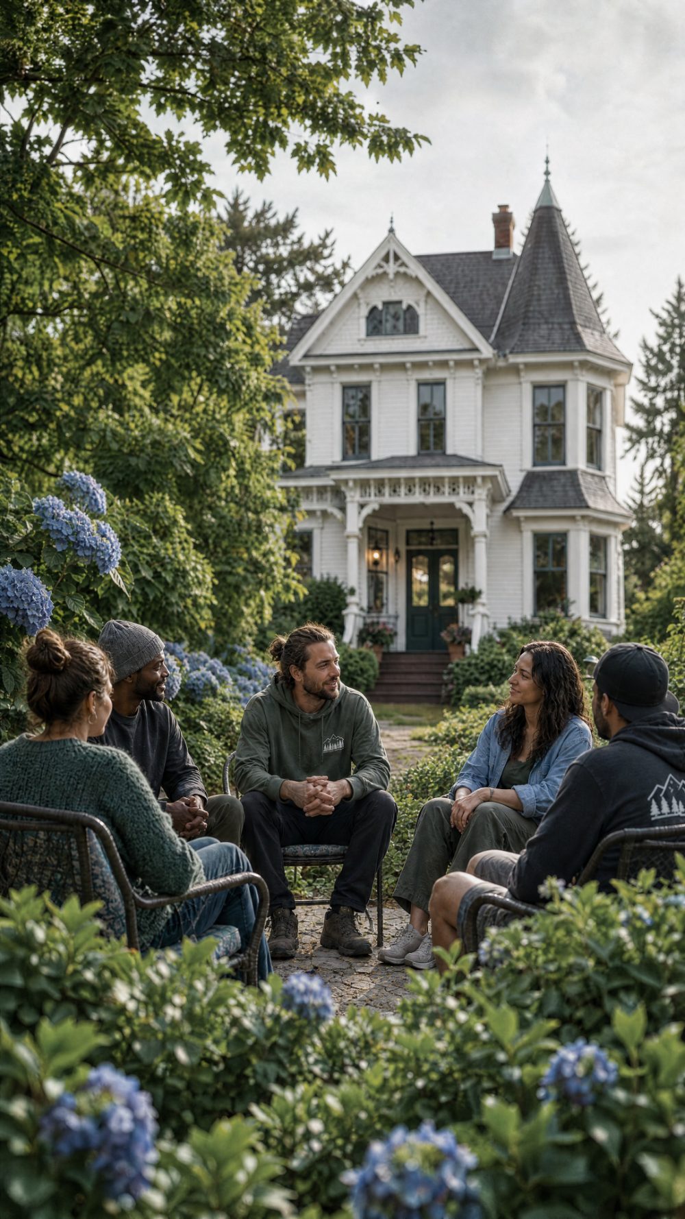 Residents sitting together in a circle in the garden in front of a white house
