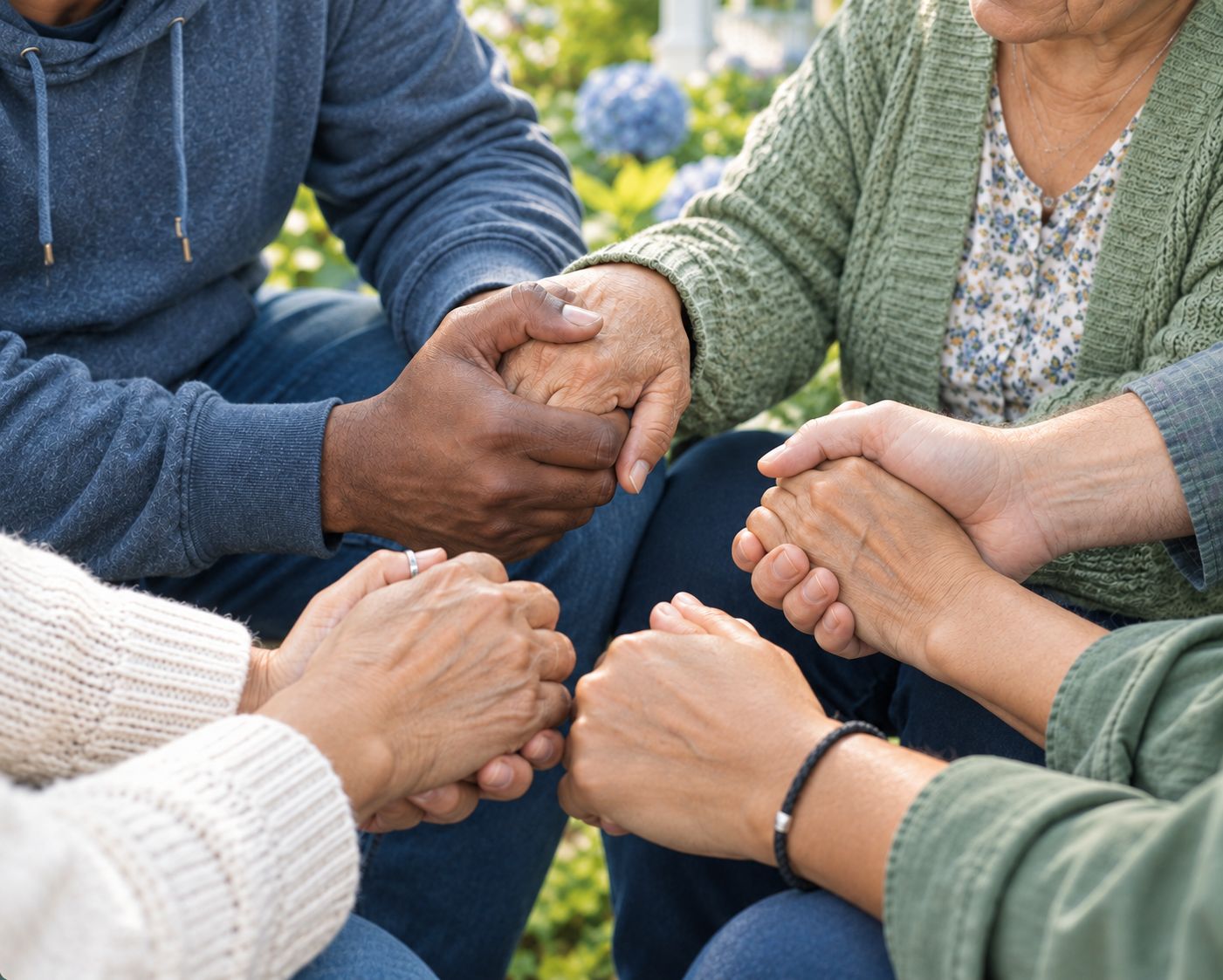 People sitting in a circle holding hands in a garden