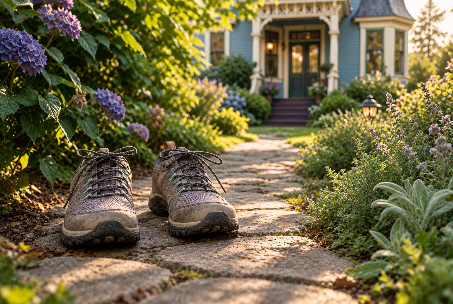 Worn shoes on a stone garden path leading to a blue Victorian home
