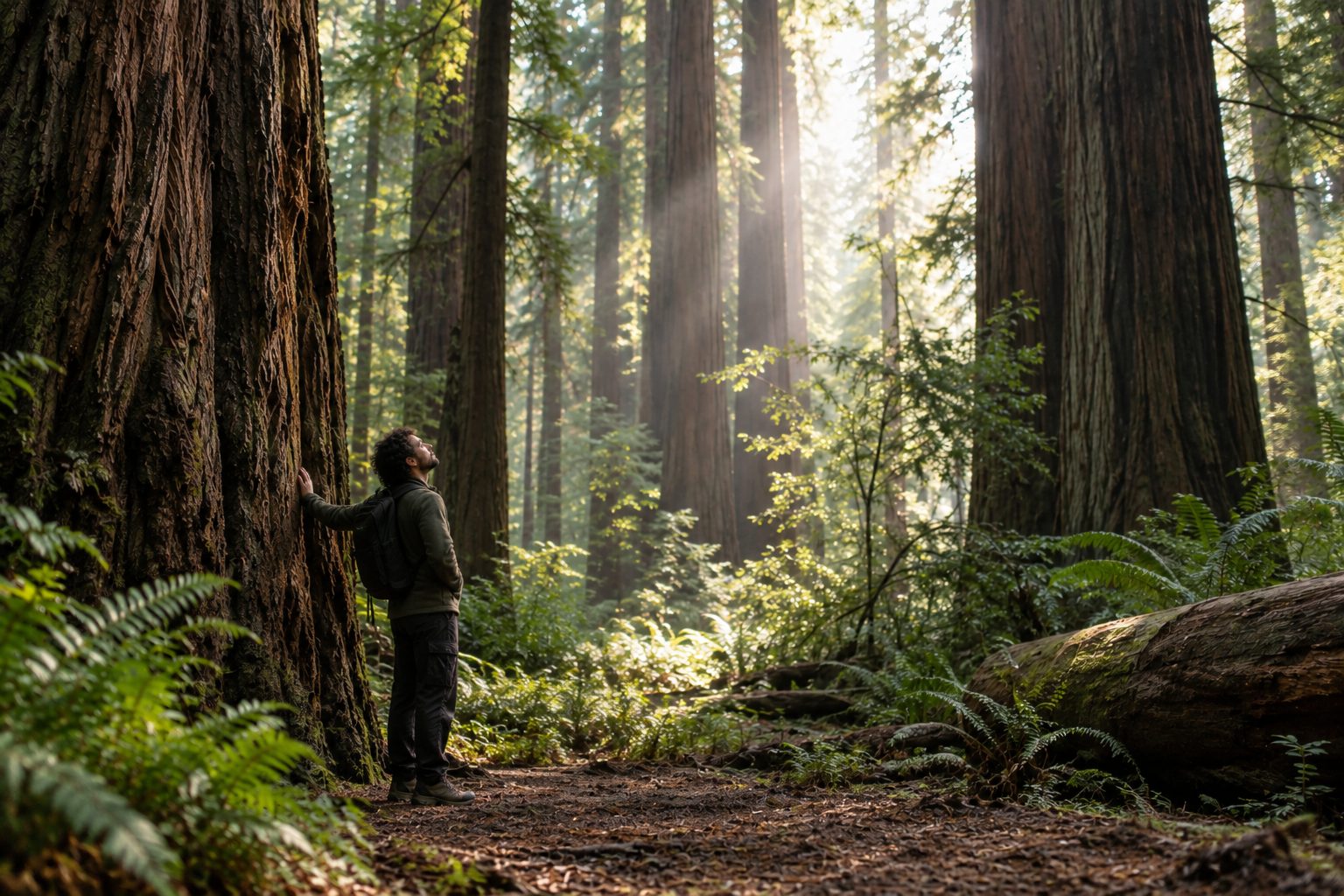 A person resting a hand on a redwood trunk, looking up into the forest