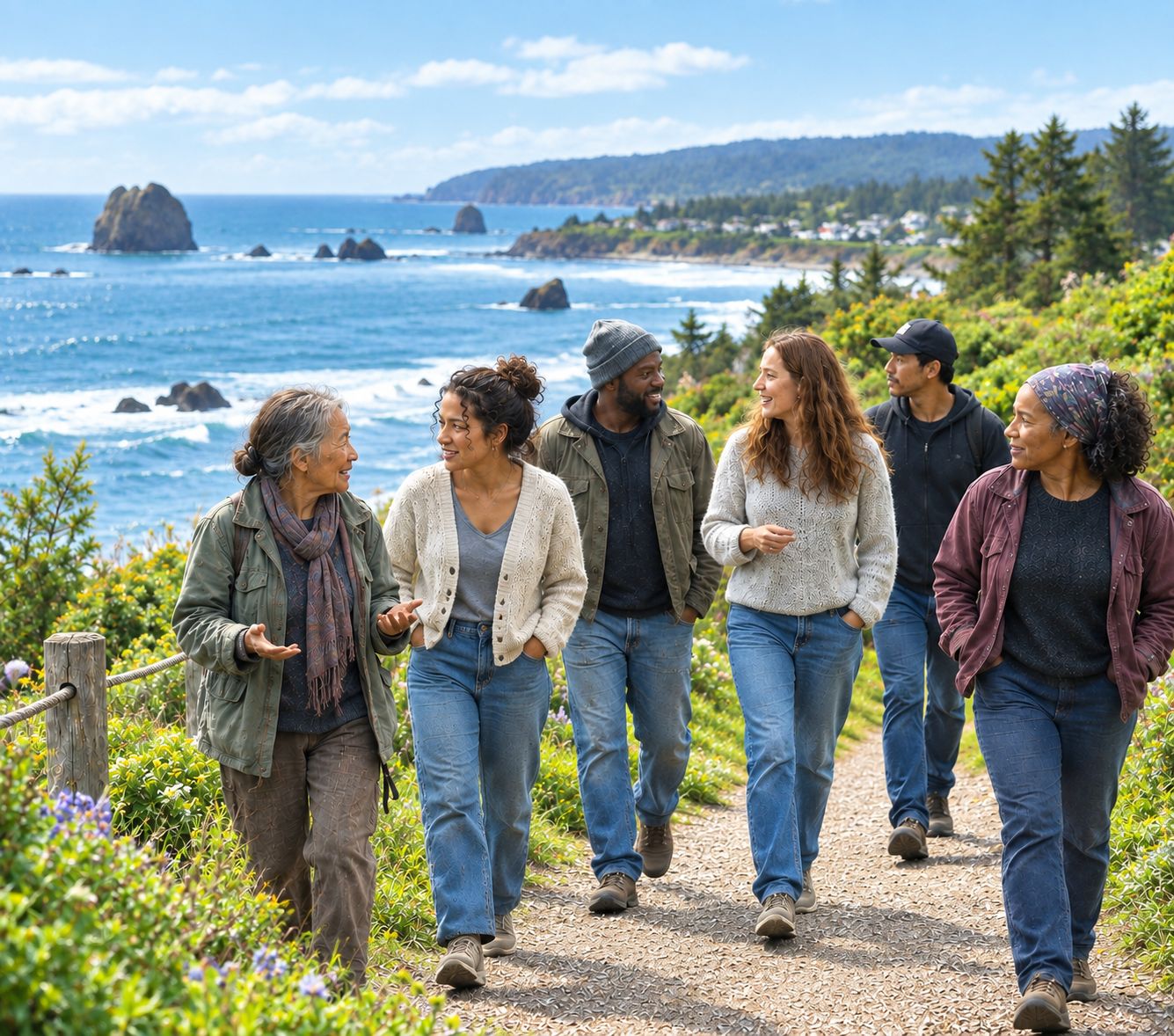 A group of residents walking and talking together on a coastal path above the ocean