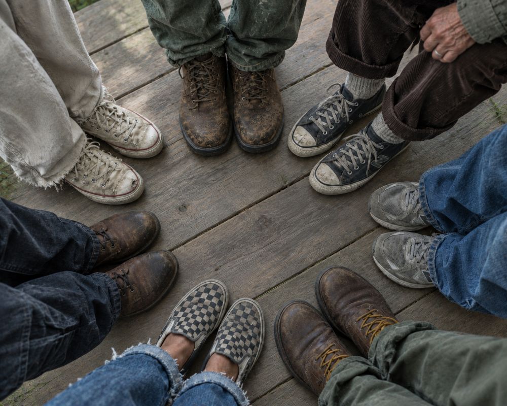 A circle of well-worn boots and sneakers on a wooden porch, seen from above