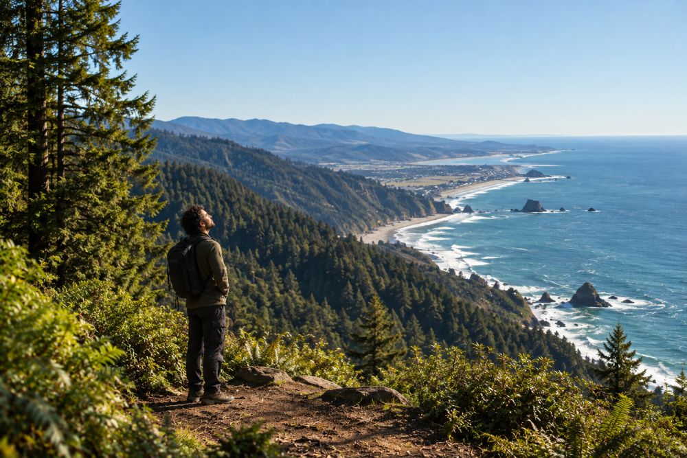 A man standing on a forested overlook above the coastline