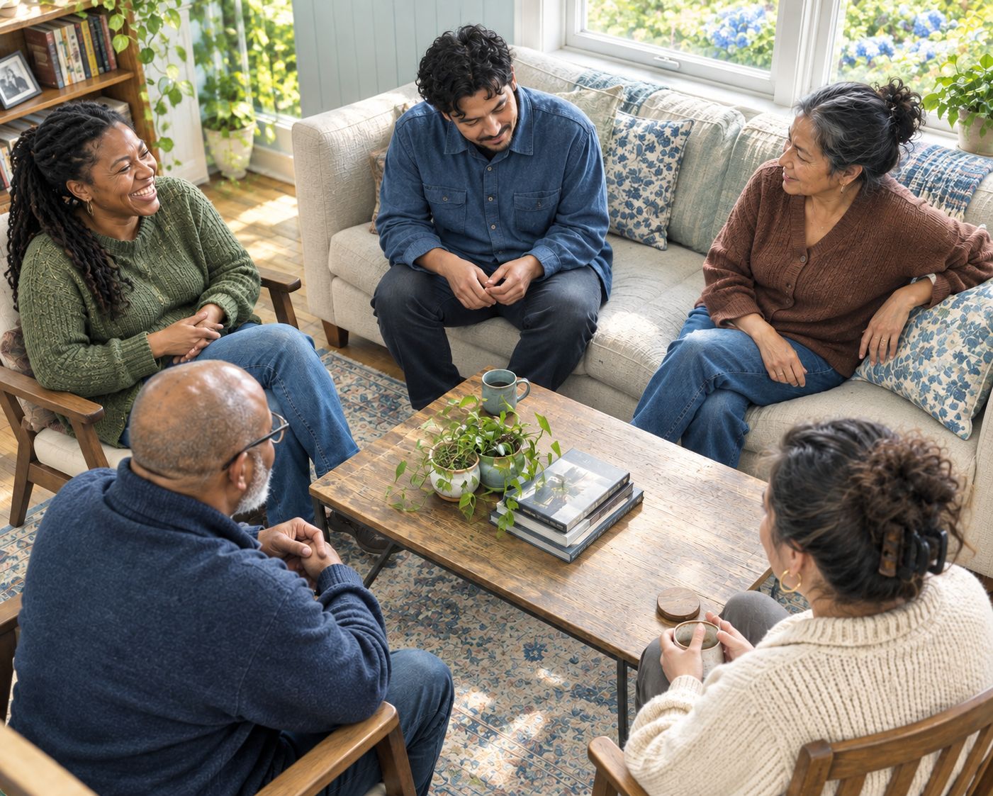 Residents talking together around a coffee table in a sunlit living room