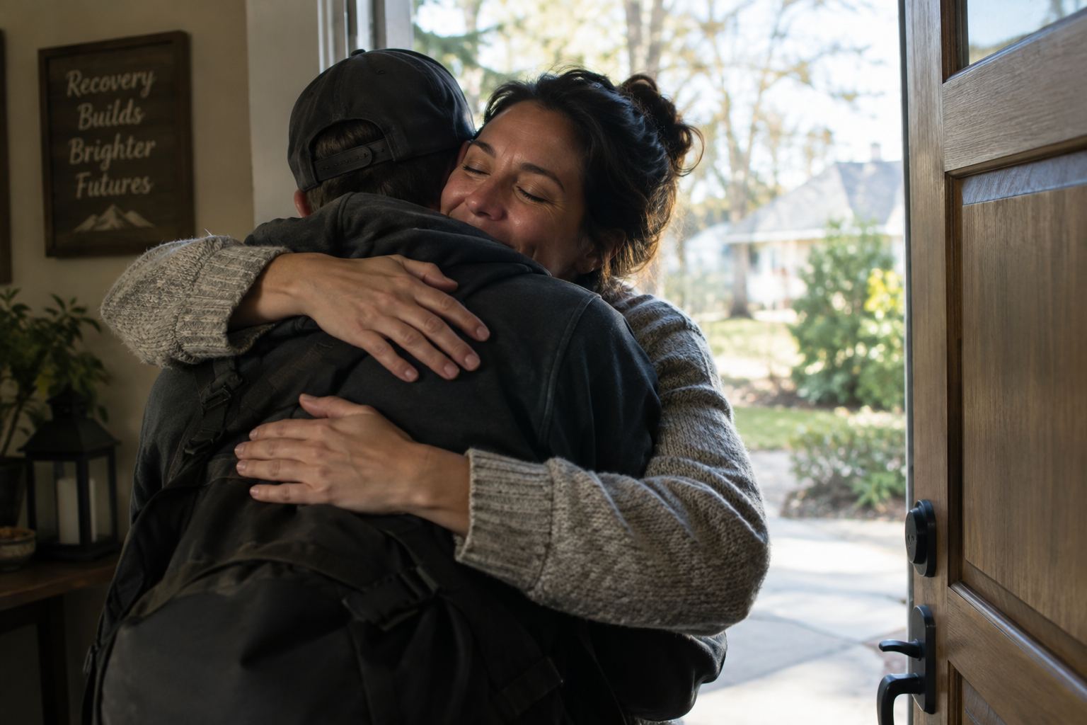 A woman hugging a new arrival at the front door