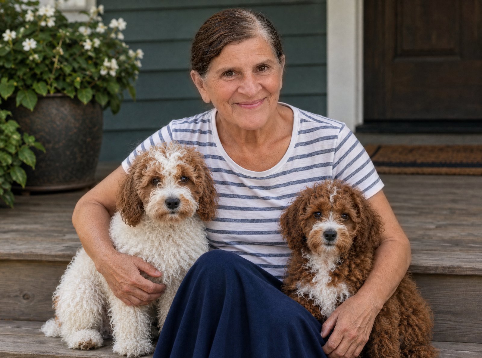 Dana Holcomb sitting on a porch step with her two dogs