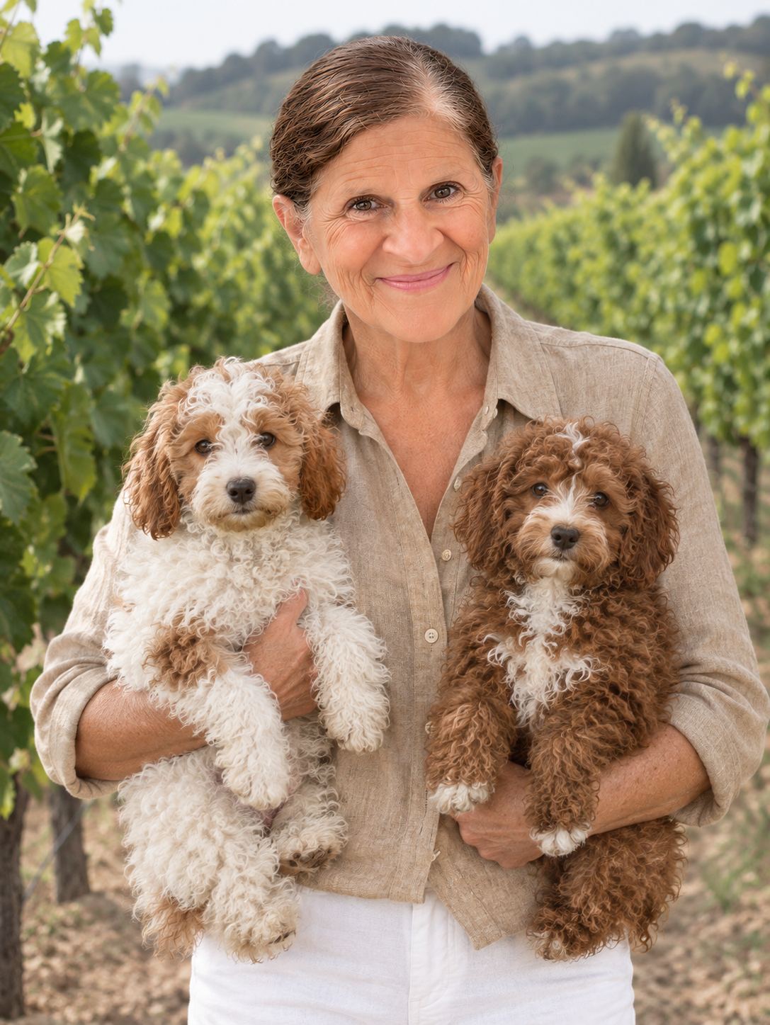 Dana Holcomb holding her two dogs in a vineyard