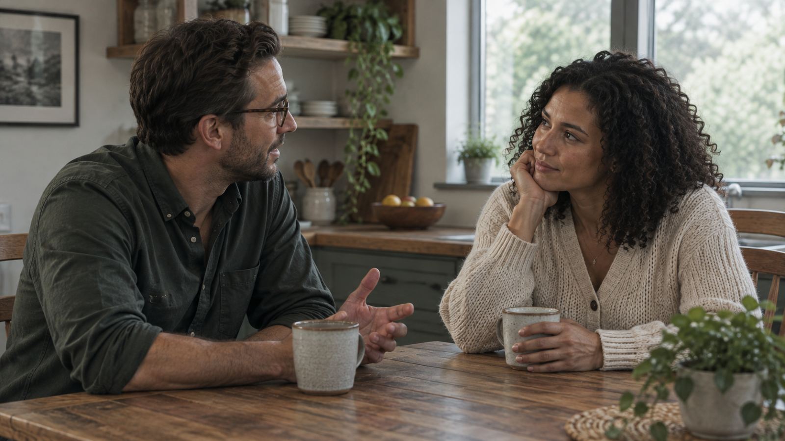 Two people talking over coffee at a kitchen table