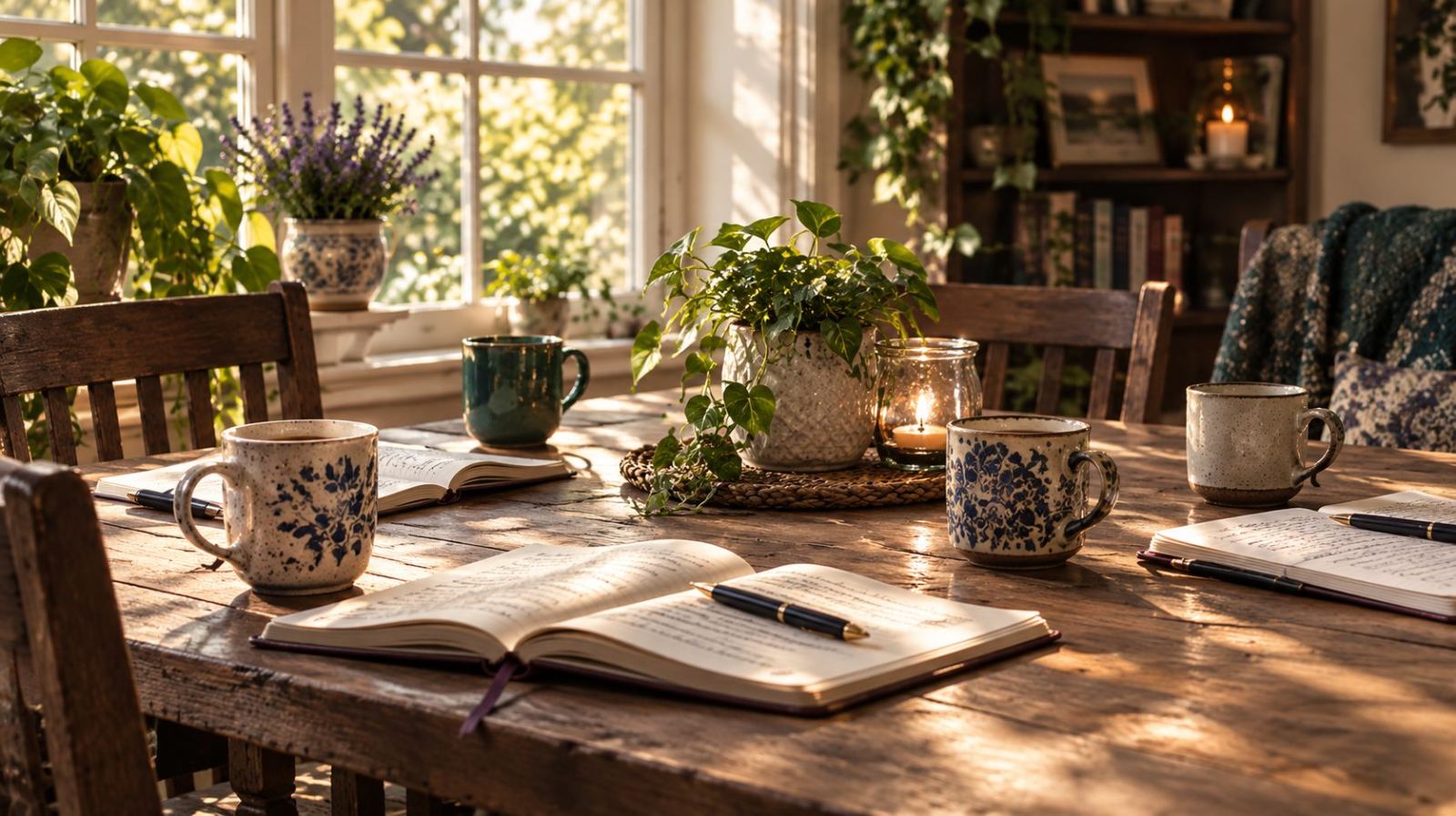Journals, pens, and mugs on a sunlit wooden table