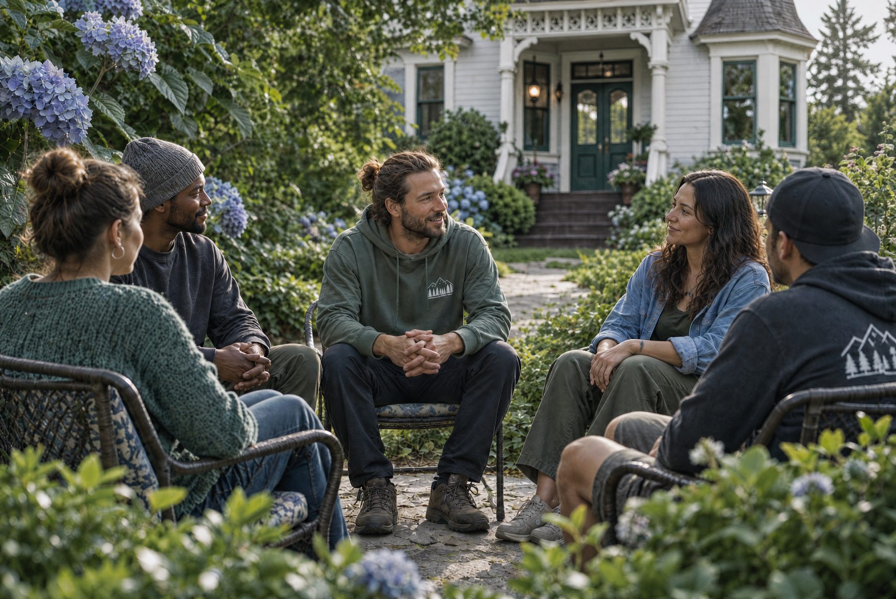 Residents sitting together in a circle in the garden in front of a white house