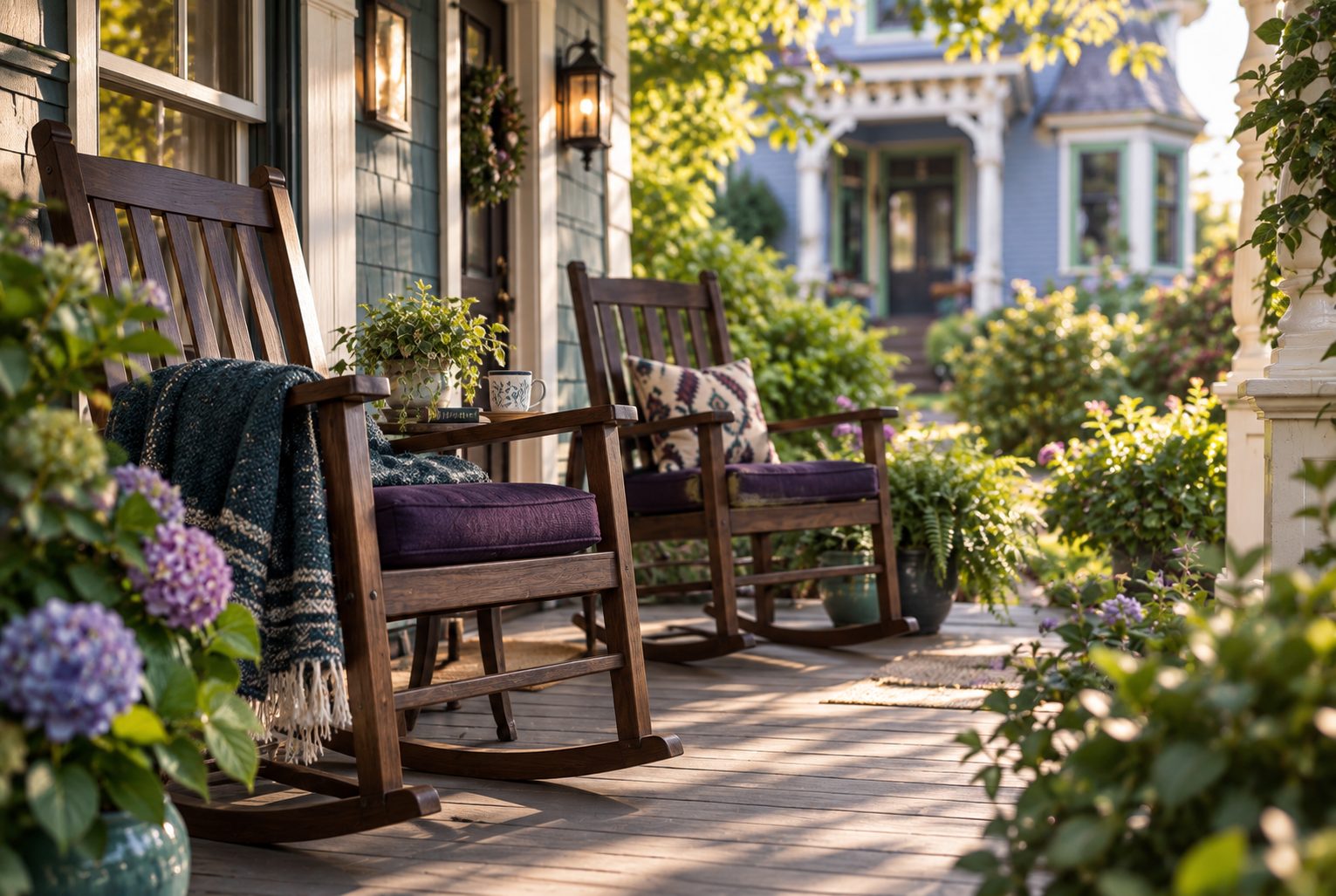 Rocking chairs on a sunny front porch