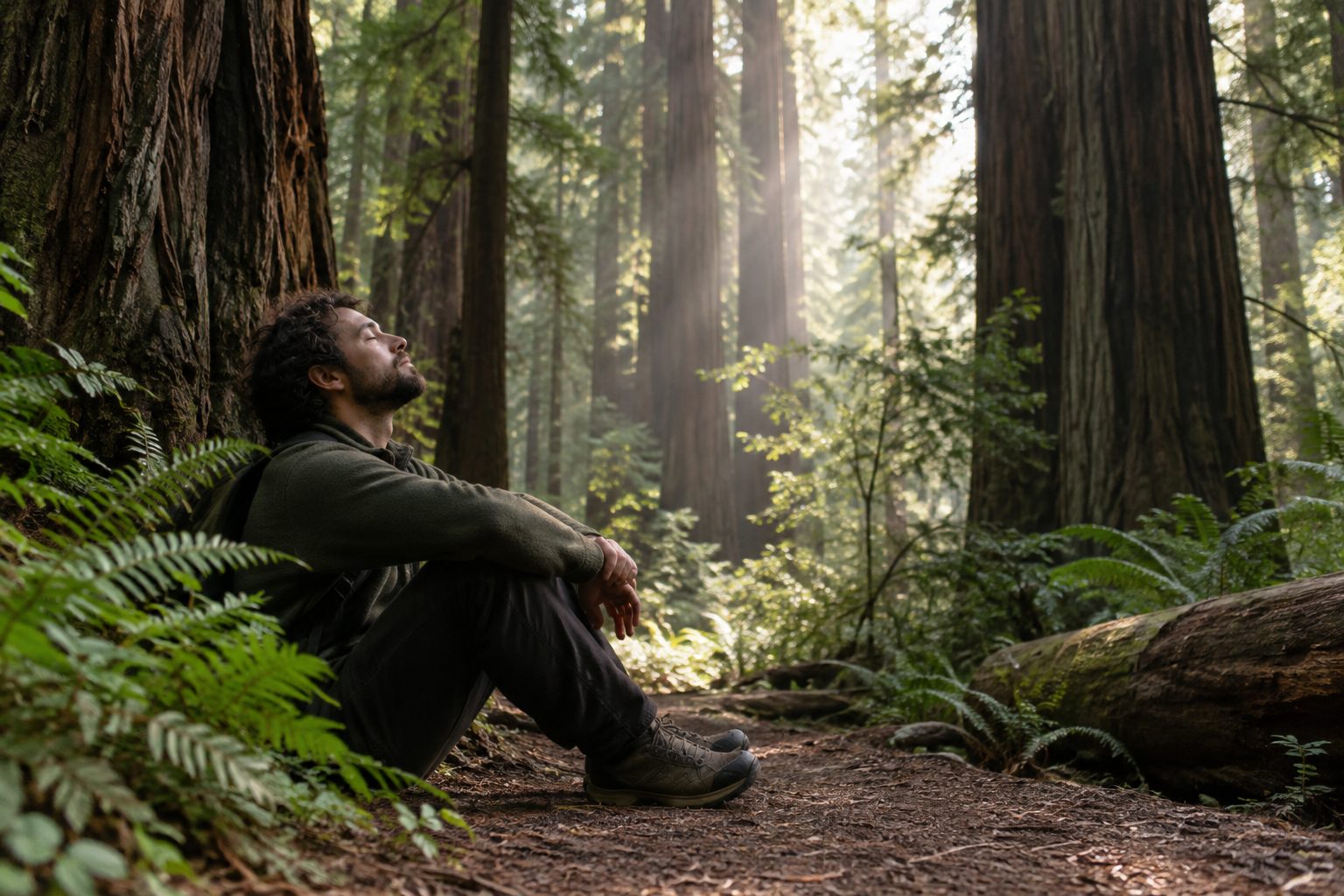 A man resting peacefully among the redwoods