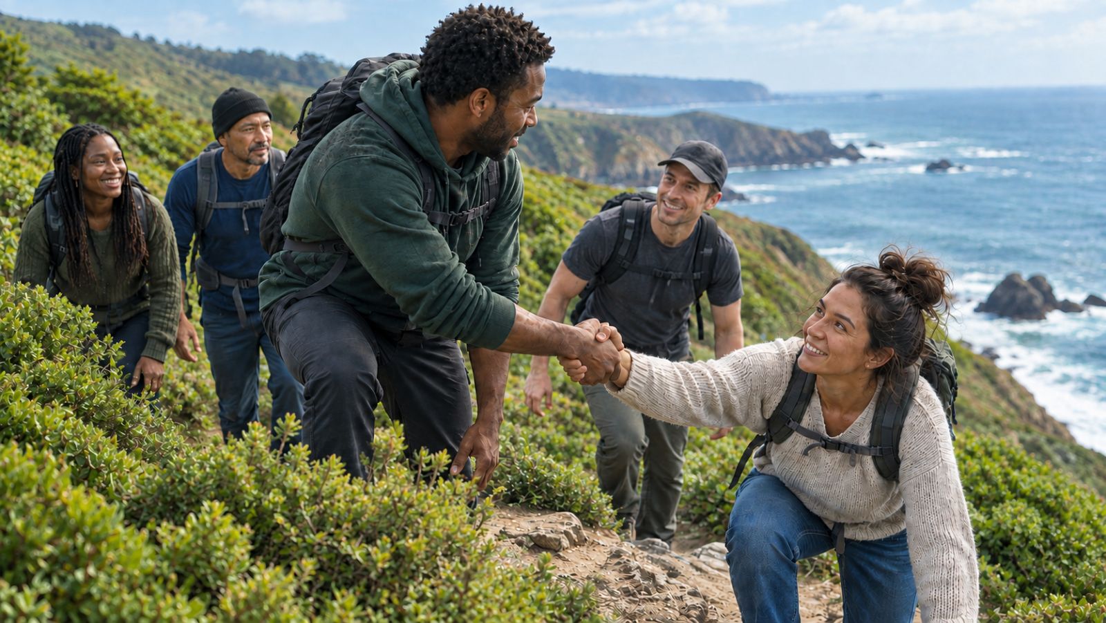 A group hiking a coastal trail, one resident reaching back to help another up the path