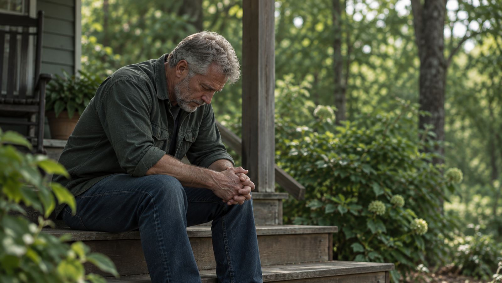 An older man sitting alone on porch steps, looking down