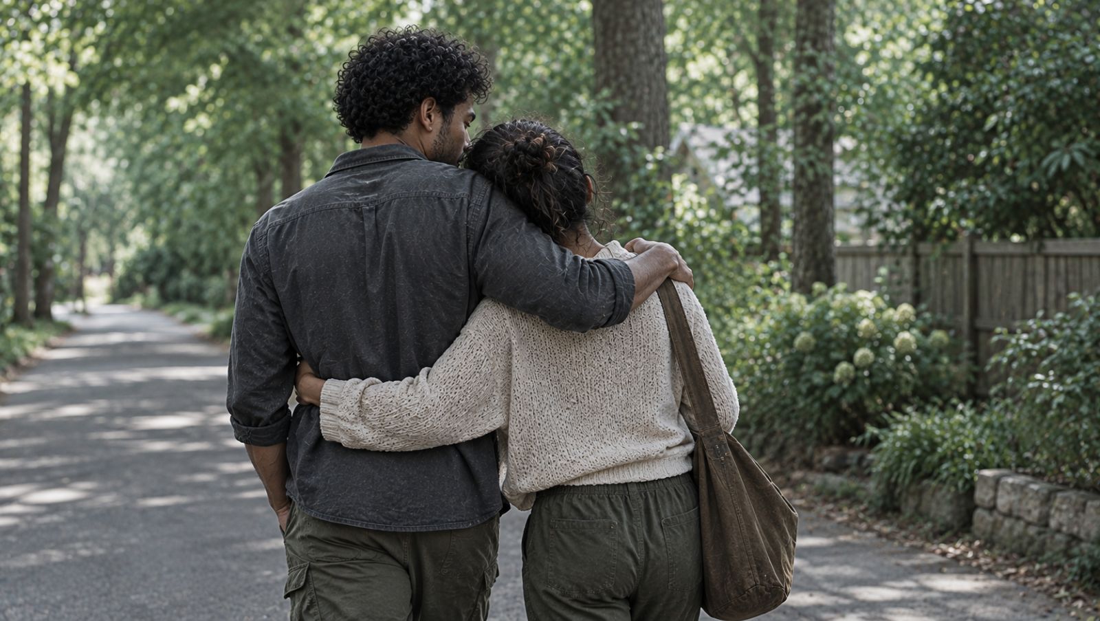 Two people walking down a tree-lined road with their arms around each other