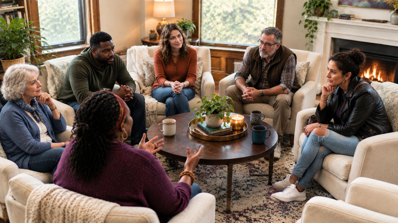 Residents gathered in a circle in a warm living room
