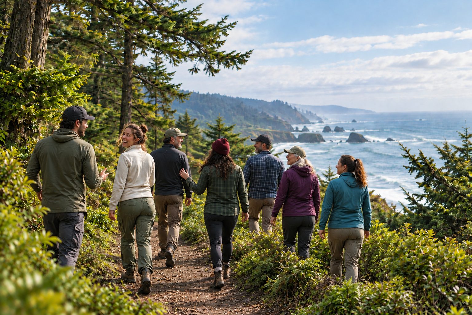 Friends walking and laughing together on a coastal trail