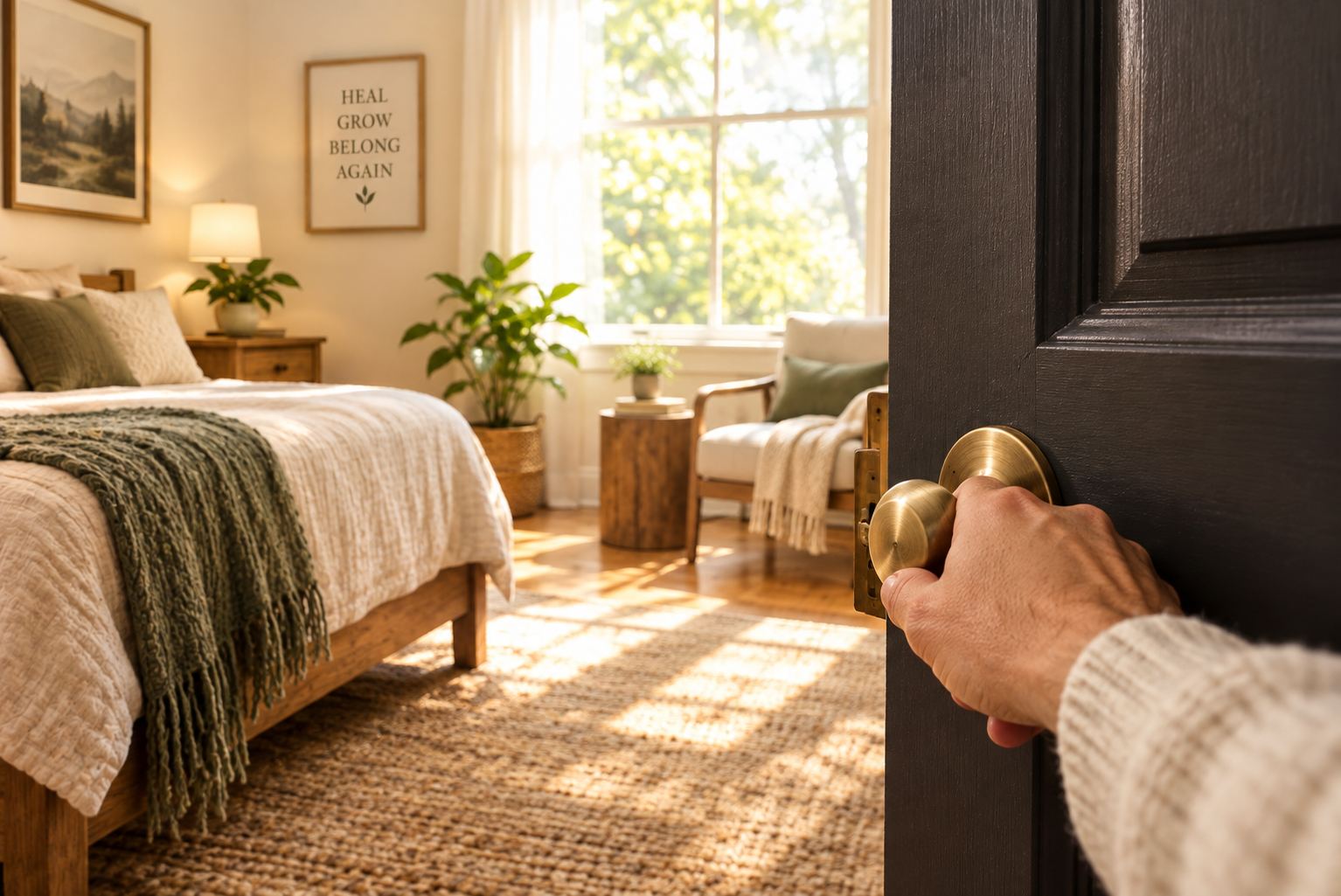 A front door opening into a bright room