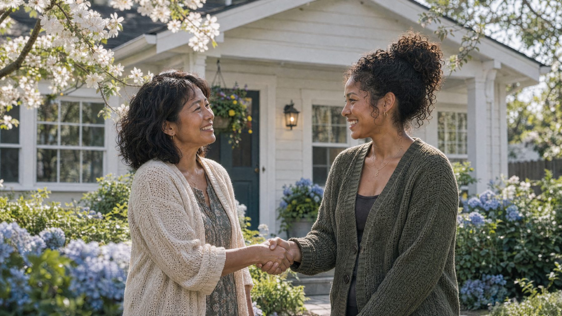 Two women shaking hands in front of a white bungalow with flowering trees