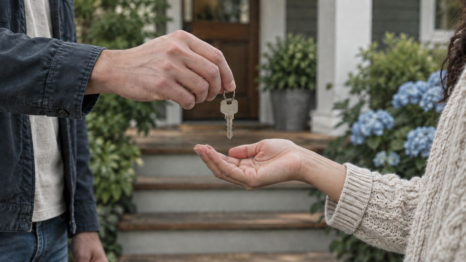 A house key being handed over in front of the steps of a home