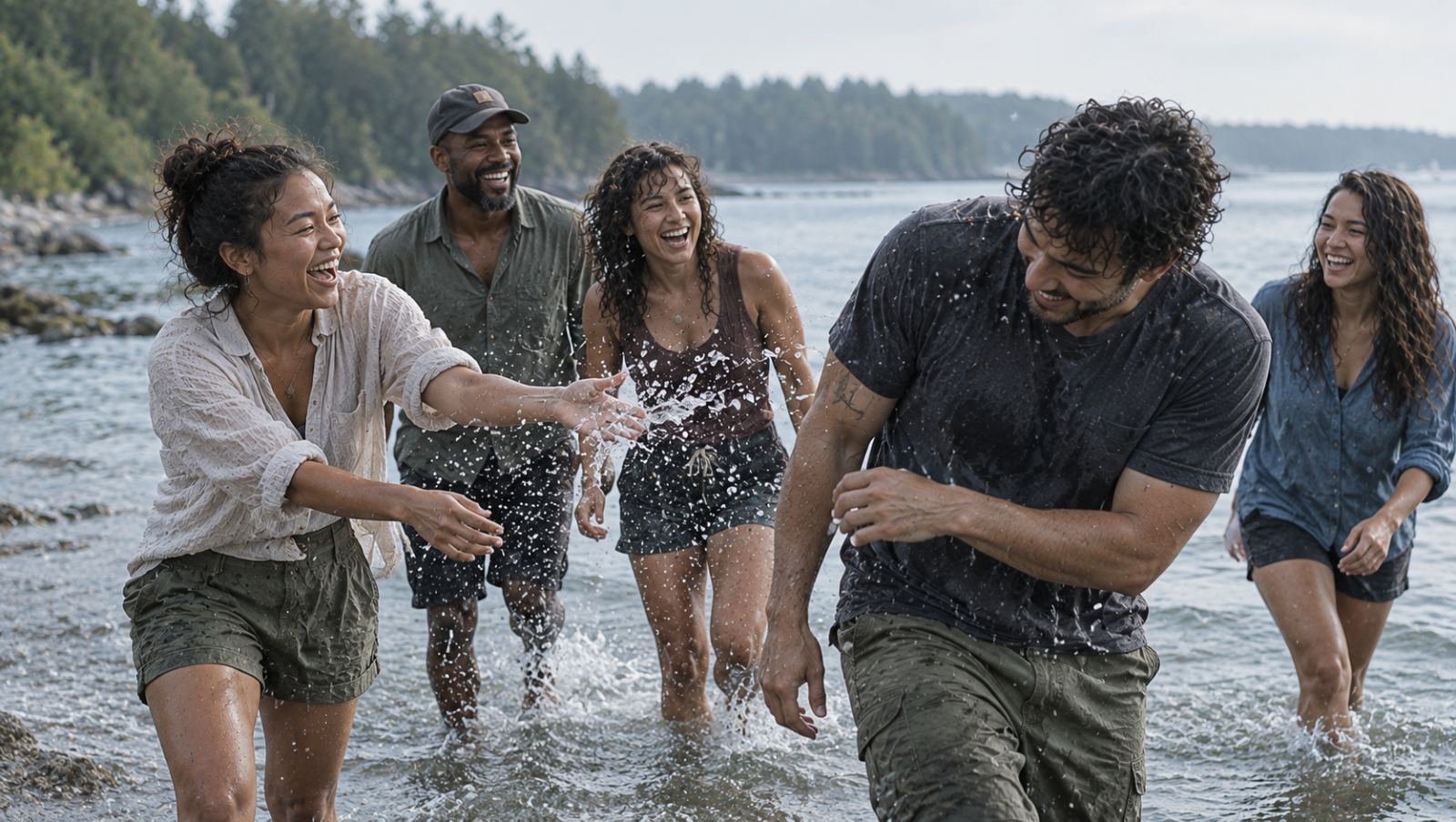 Friends laughing and splashing each other in the water at the shore