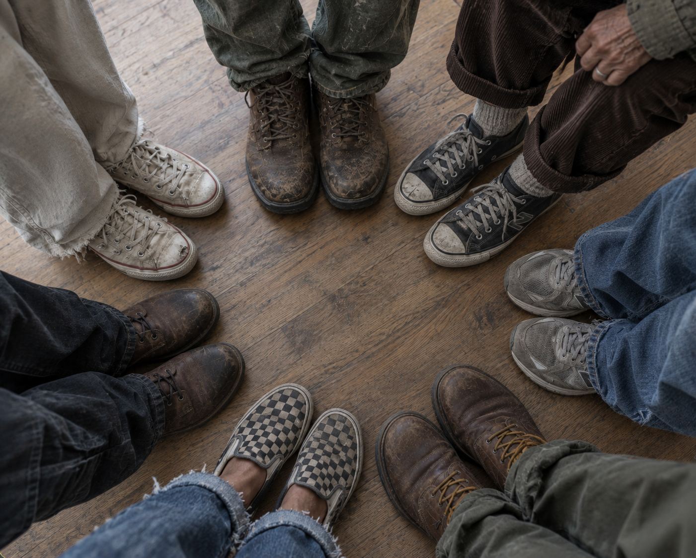 A circle of people standing together, seen from above, each in their own worn shoes