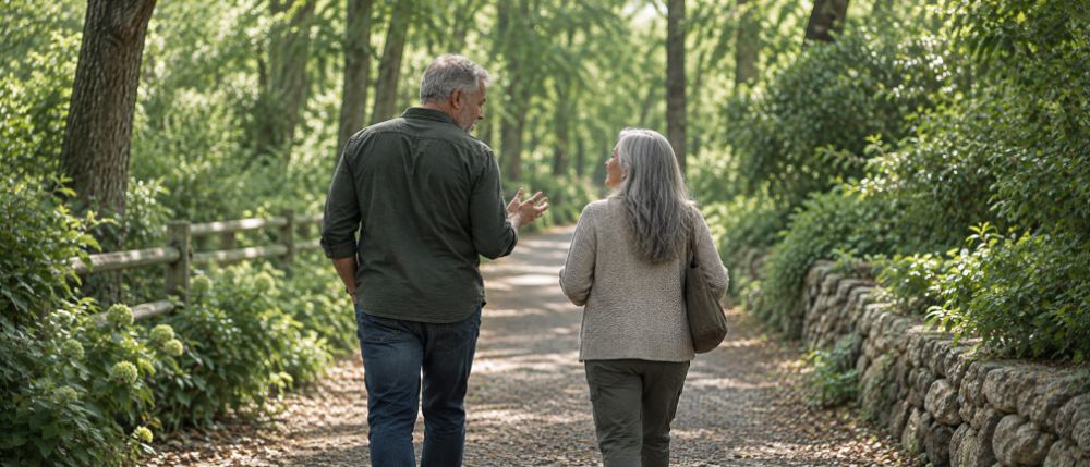 Two people talking as they walk down a shaded garden path
