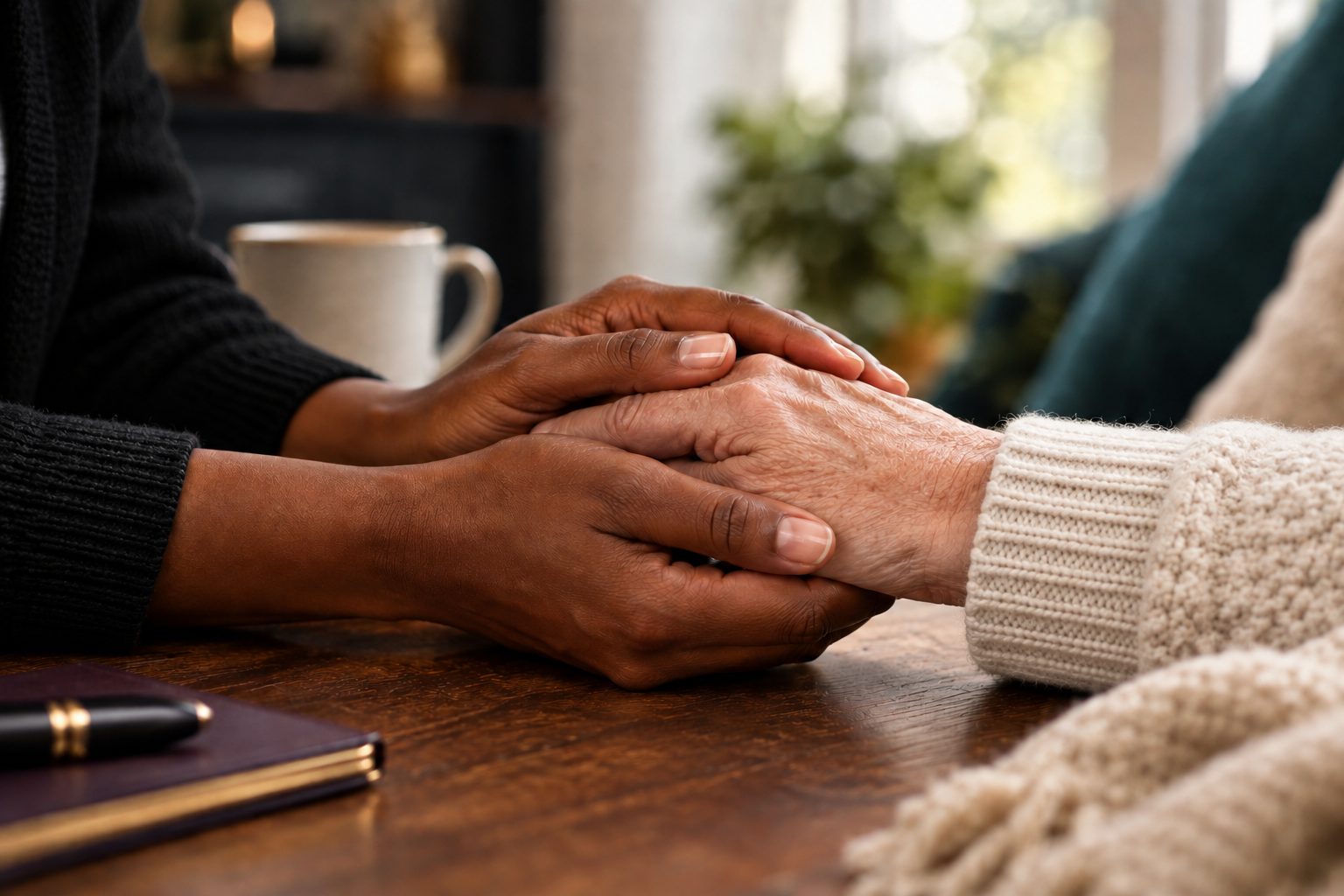 Two people holding hands across a table