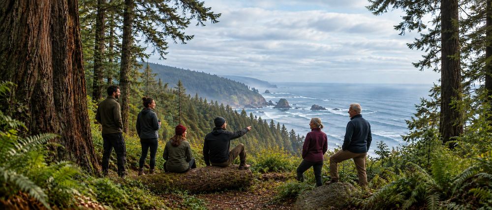 A group resting together on a forested headland above the ocean