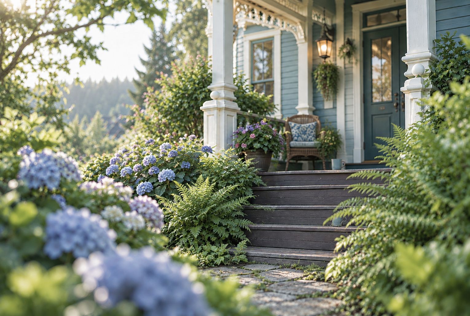 Front steps lined with hydrangeas and ferns leading up to a blue porch with a wicker chair and a cup of coffee