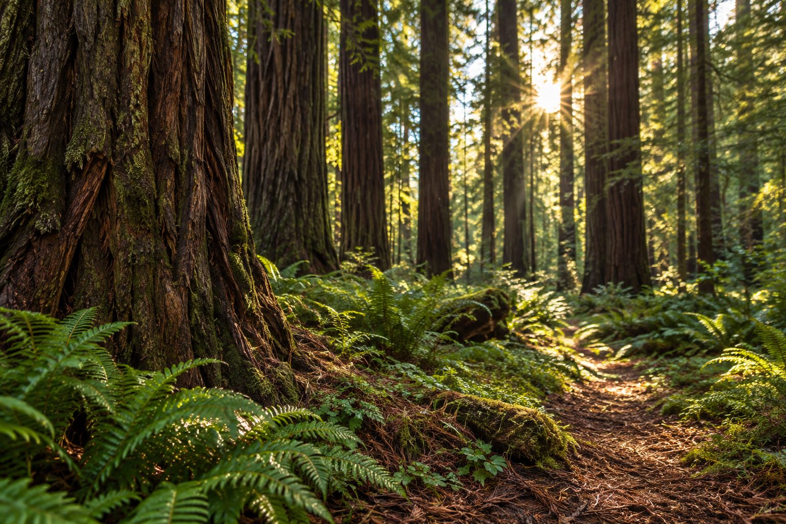 Sunlight through a redwood forest