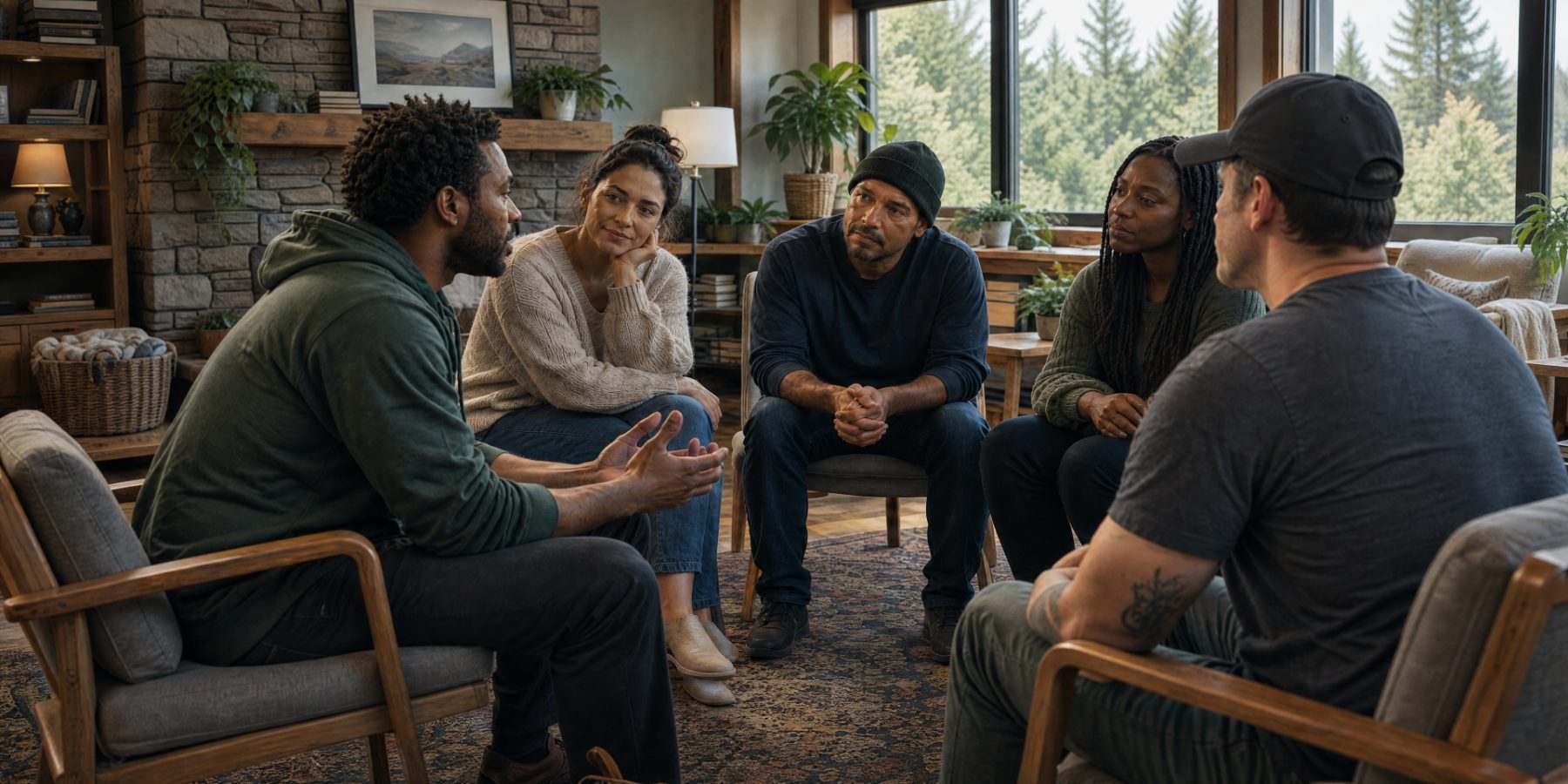 A support group talking in a warm living room